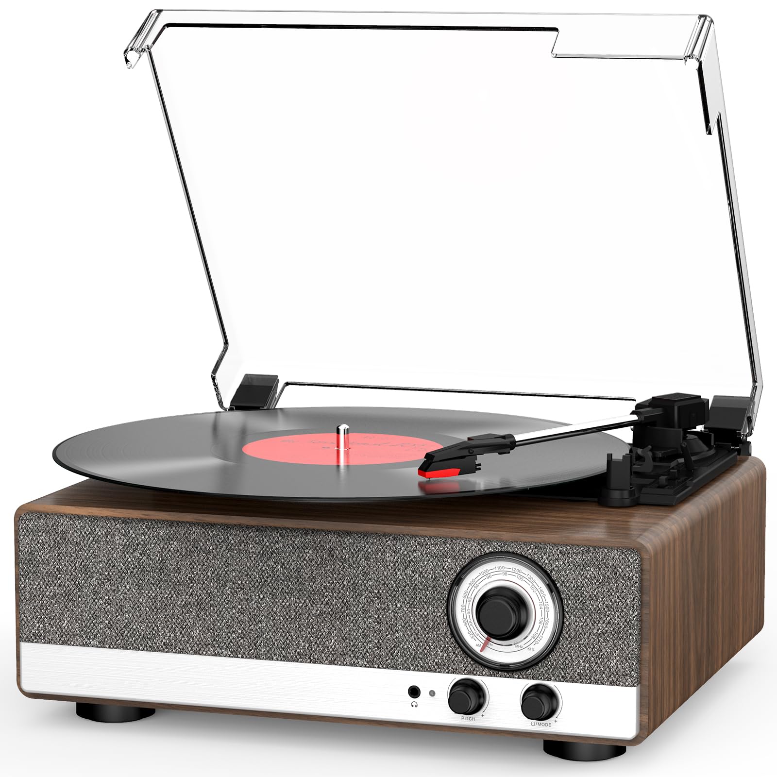 Photo 1 of 7-in-1 Record Player Bluetooth Turntable with Built-in Stereo Speakers, Support Bluetooth in & Out and AM/FM Radio, Belt Drive 3-Speed Turntable with Pitch Control & RCA Line Out & Auto Stop