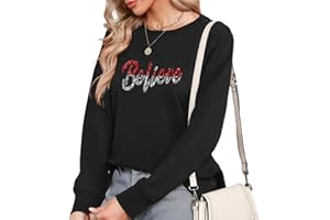 ALAPUSA Women's Christmas Shirt – Dazzling Rhinestone Believe Print Long Sleeve Shirt