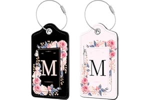 ANIKATHY 2 Pcs PU Leather Luggage Tag for Suitcases with Privacy Shield and Name ID Tag Address Card Travel Cruise Luggage Tag, Suitable for Men and Women Baggage Handbag Backpack,Flower and Monogram(Letter M