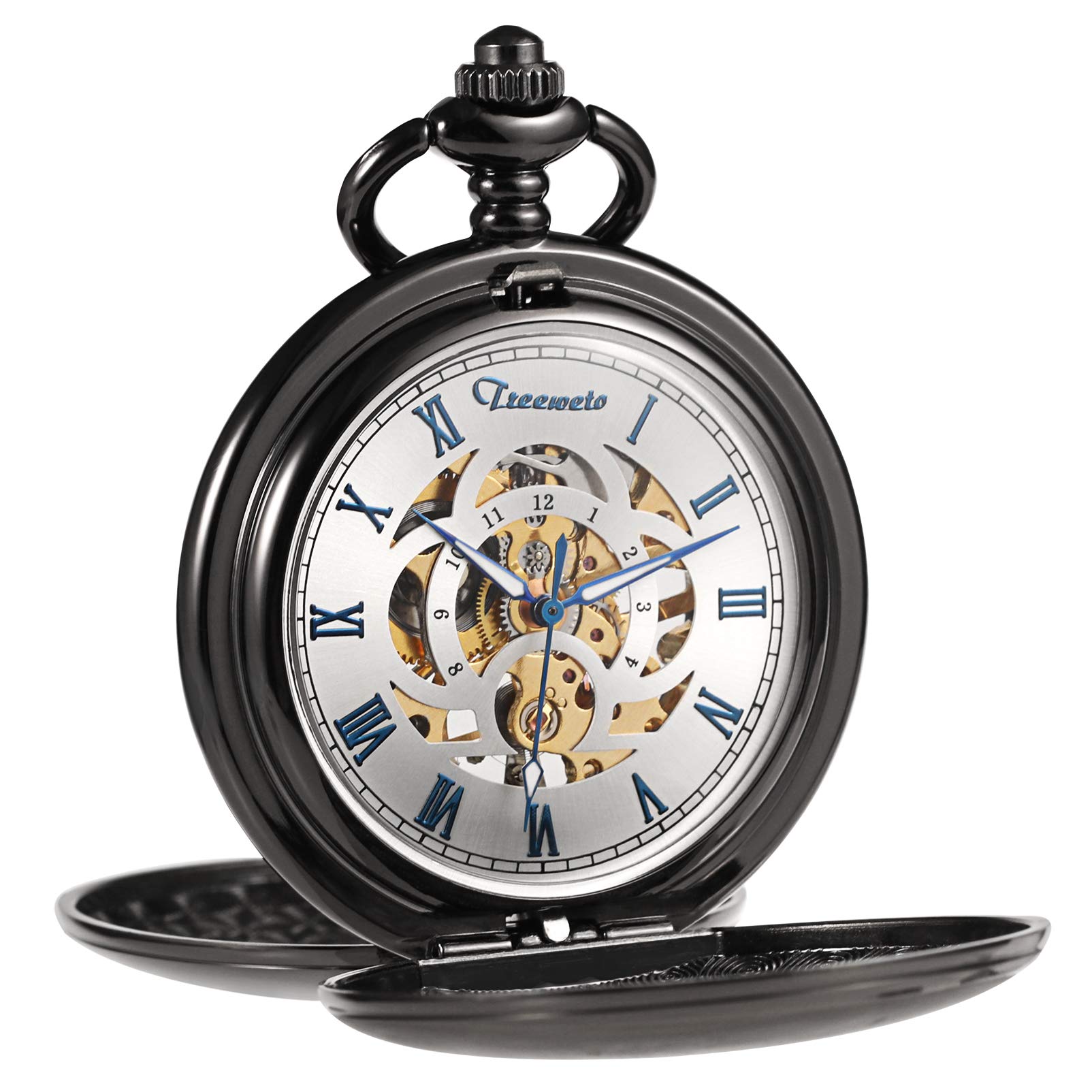 TREEWETO Men's Mechanical Pocket Watch Vintage Steampunk Black Smooth Double Case Blue Roman Numerals Fob Watches for Men Women with Chain Box