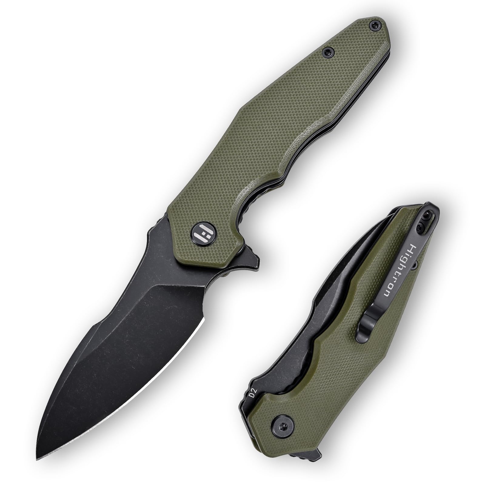 Hightron MINI VENTURA Klappbares Taschenmesser,Flipper-Taschenmesser für EDC,7.24CM Stonewashed D2-Klinge plus G10-Griff,Deep-Carry-Taschenclip-Klappmesser für den Alltag,Camping, Angeln,Grün-B