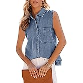 PRETTODAY Women's V Neck Denim Tank Top Button Down Sleeveless Shirts Collared Casual Blouse Tops