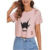 SweatyRocks Women's Short Sleeve T Shirt Graphic Print Distressed Crop Top