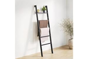 Blanket Ladder with Top Shelf, 5-Tier Rustic Wood 64” Decorative Ladder and Blanket Holder for Living Room Throws, Bedroom Qu