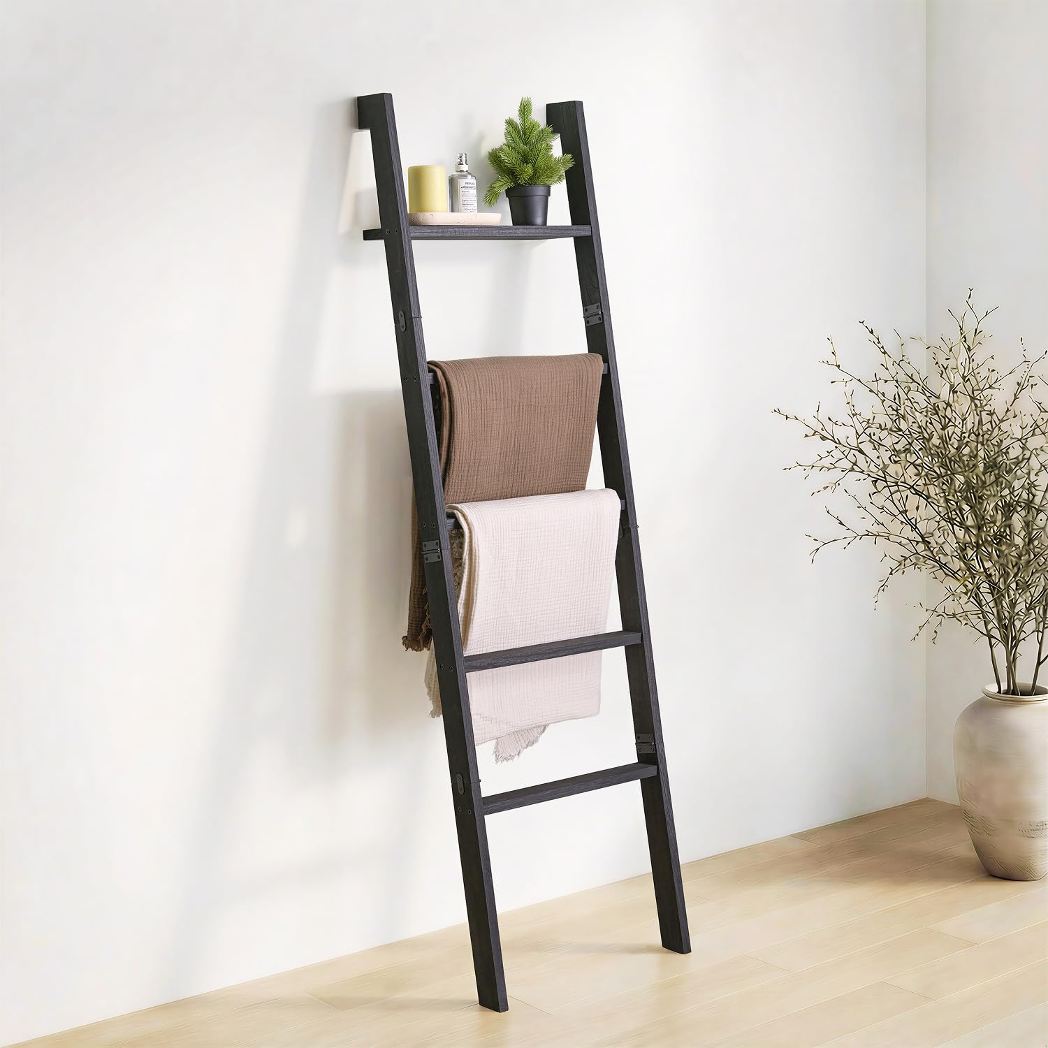 Photo 1 of KOSKOG Blanket Ladder with Top Shelf, 5-Tier Wood 64” Decorative Ladder for Living Room Throws, Bedroom Quilt, Bathroom Towel & Toiletry Storage, Home Decor Stand (Black)