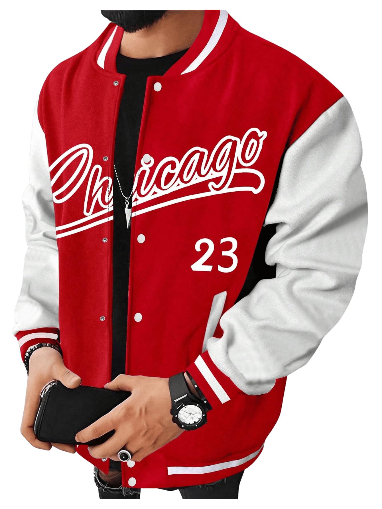 Photo 1 of BEAUDRM Men's Baseball Jacket Long Sleeve Alphabet Print Button Coat with Pockets Bomber Coat Red Small