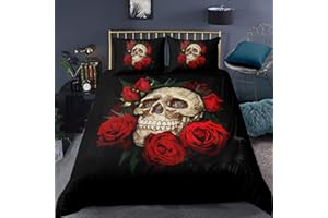 FEELYOU Skull Comforter Cover King Size 3Pcs Gothic Skull Duvet Cover for Kids Adults Women Floral Skull Decor Bedding Set Black Red Bones Skeleton Bedspread Cover, Cool Aesthetic Rose Bedding Quilt Cover