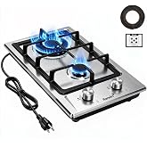 Ranein 12 Inch 2 Burner Gas Cooktop, NG/LPG, 304 Stainless Steel | Gas cooktop for kitchen, flameout protection, cast iron grates, dual NG/LPG, easy clean, for apartment, RV, compact, durable