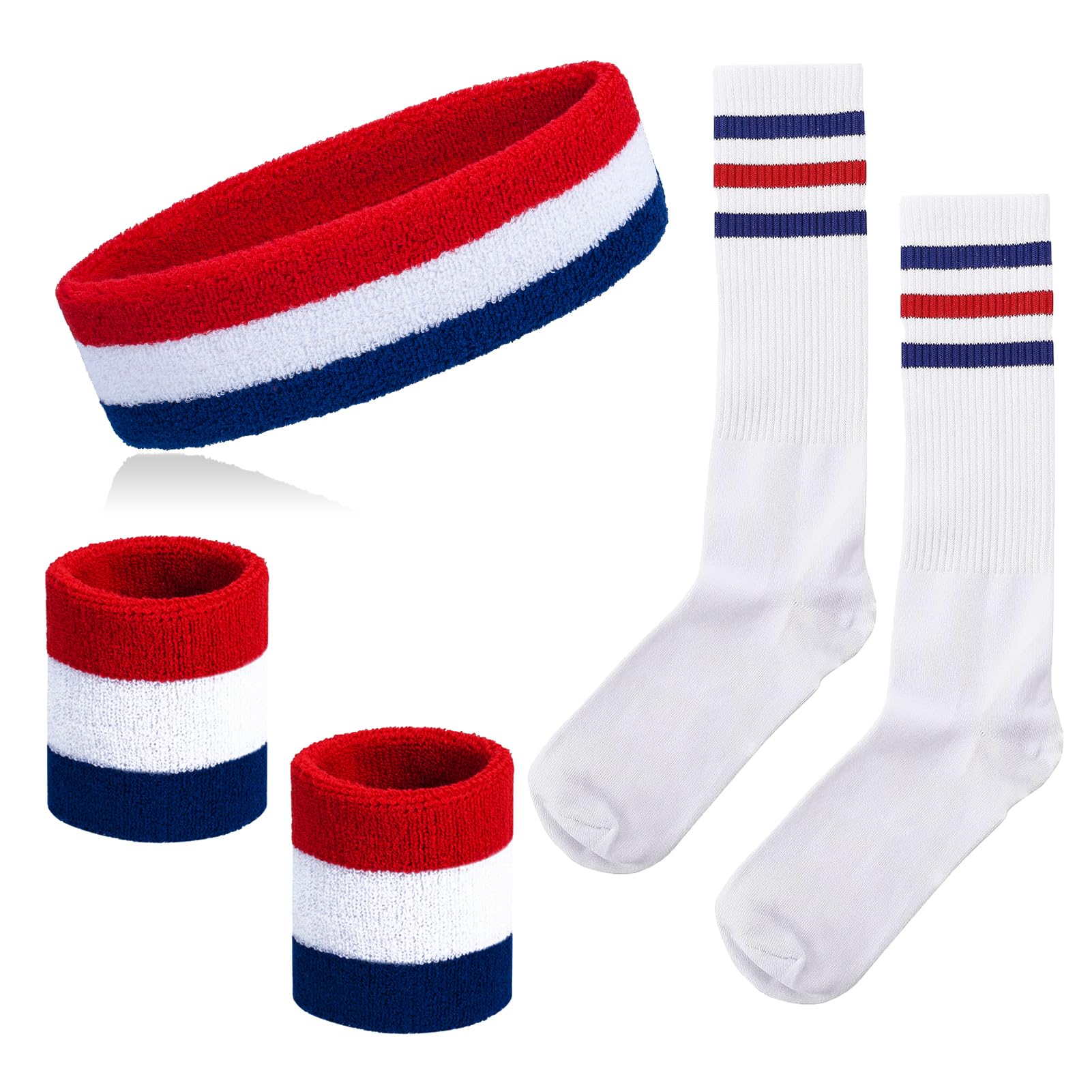 NANXJIUR 5 Pieces Sweatband Striped Sock Set Sports Headband Wristbands High Tube Socks 80s Accessories for Men Women 90s Costumes Theme Party Striped Sock Set (Red/White/Blue)