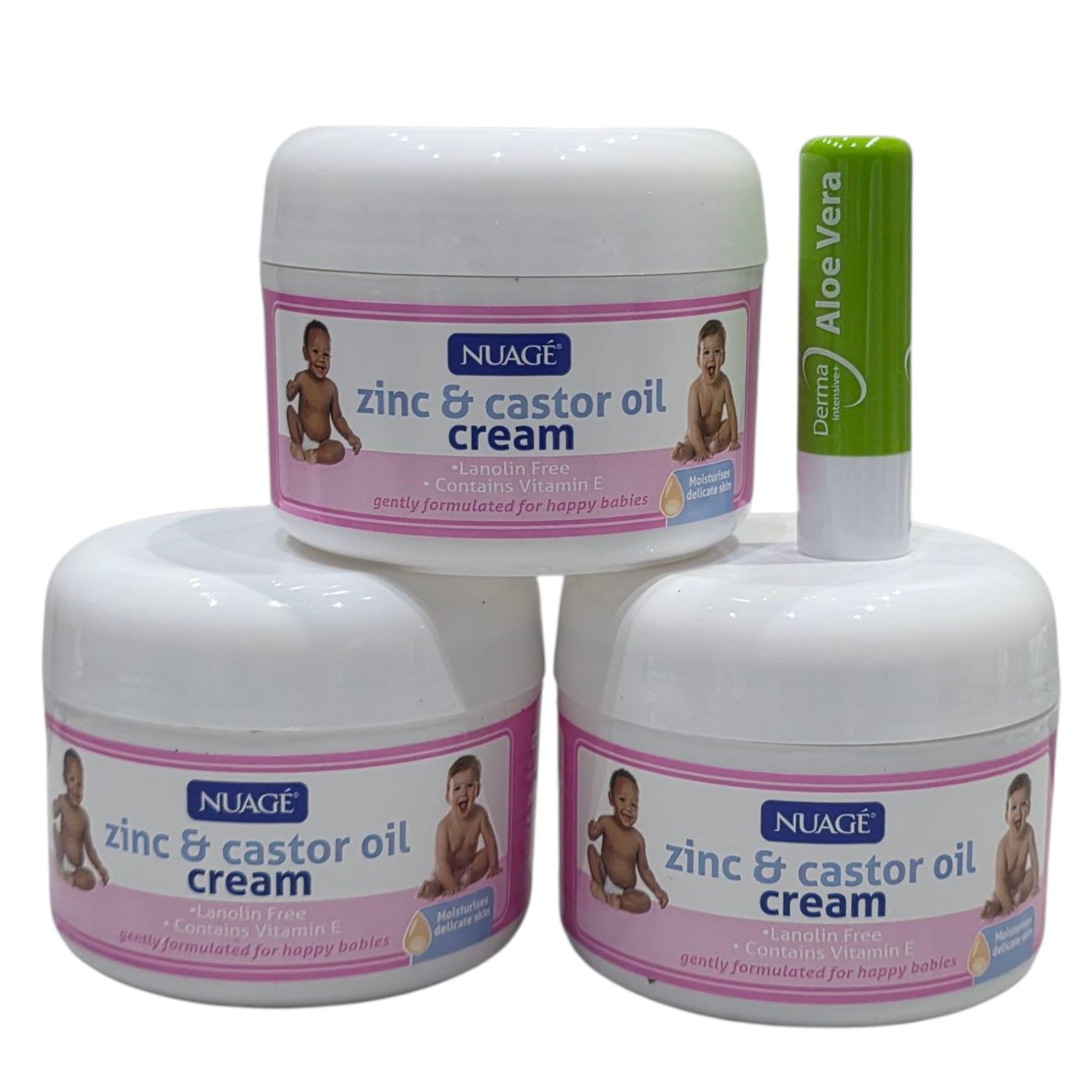 3 Pack Nuage Zinc AND Castor Oil Cream for Nappy Rash white 200mL,Long Exp With Free Aloe Vera Lip Balm