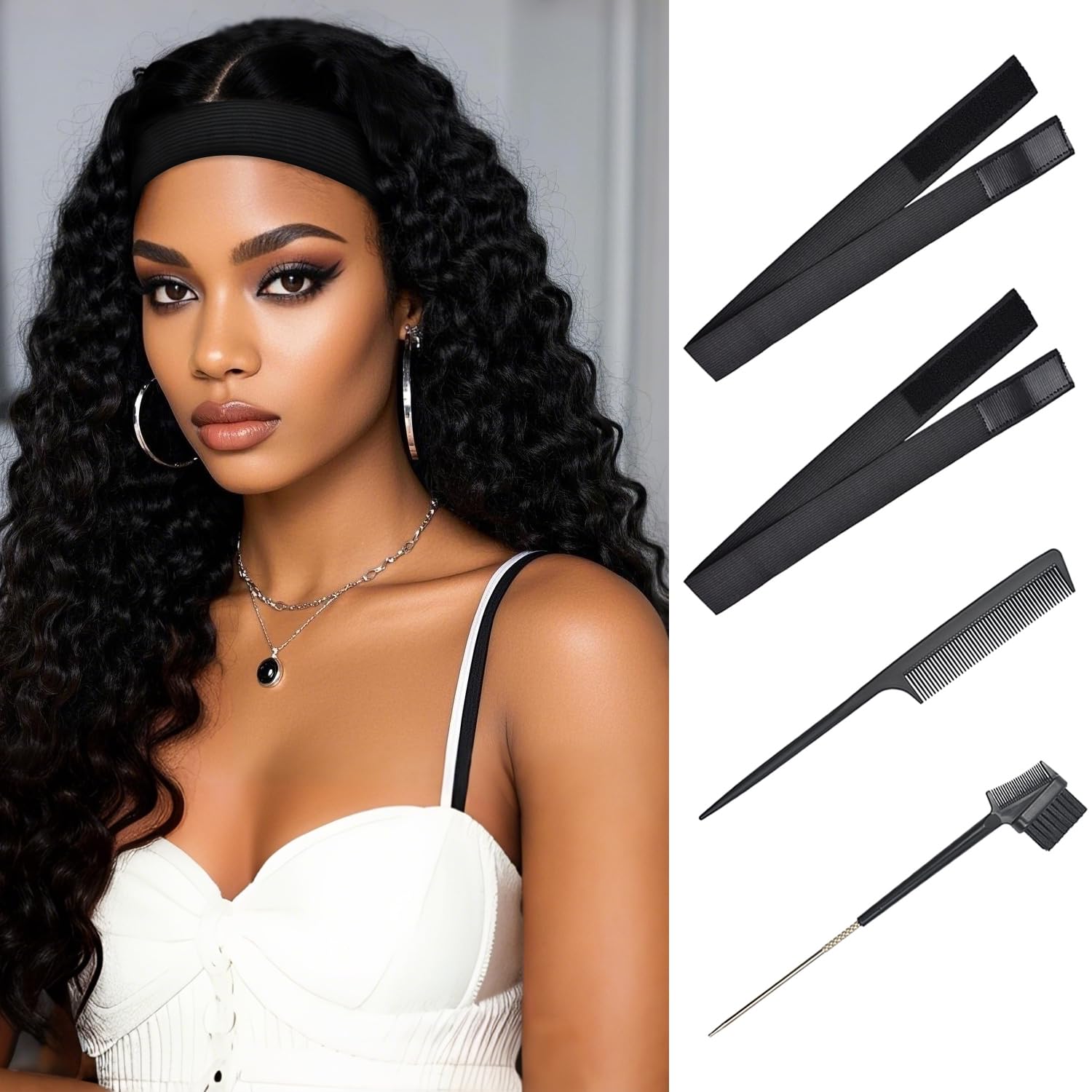 2 Pcs Elastic Melting Band for Wigs to Hold Wig in Place Adjustable Elastic Headband with Combs and Hair Brush for Making Wigs (Width 1.2 Inch/3.0cm)