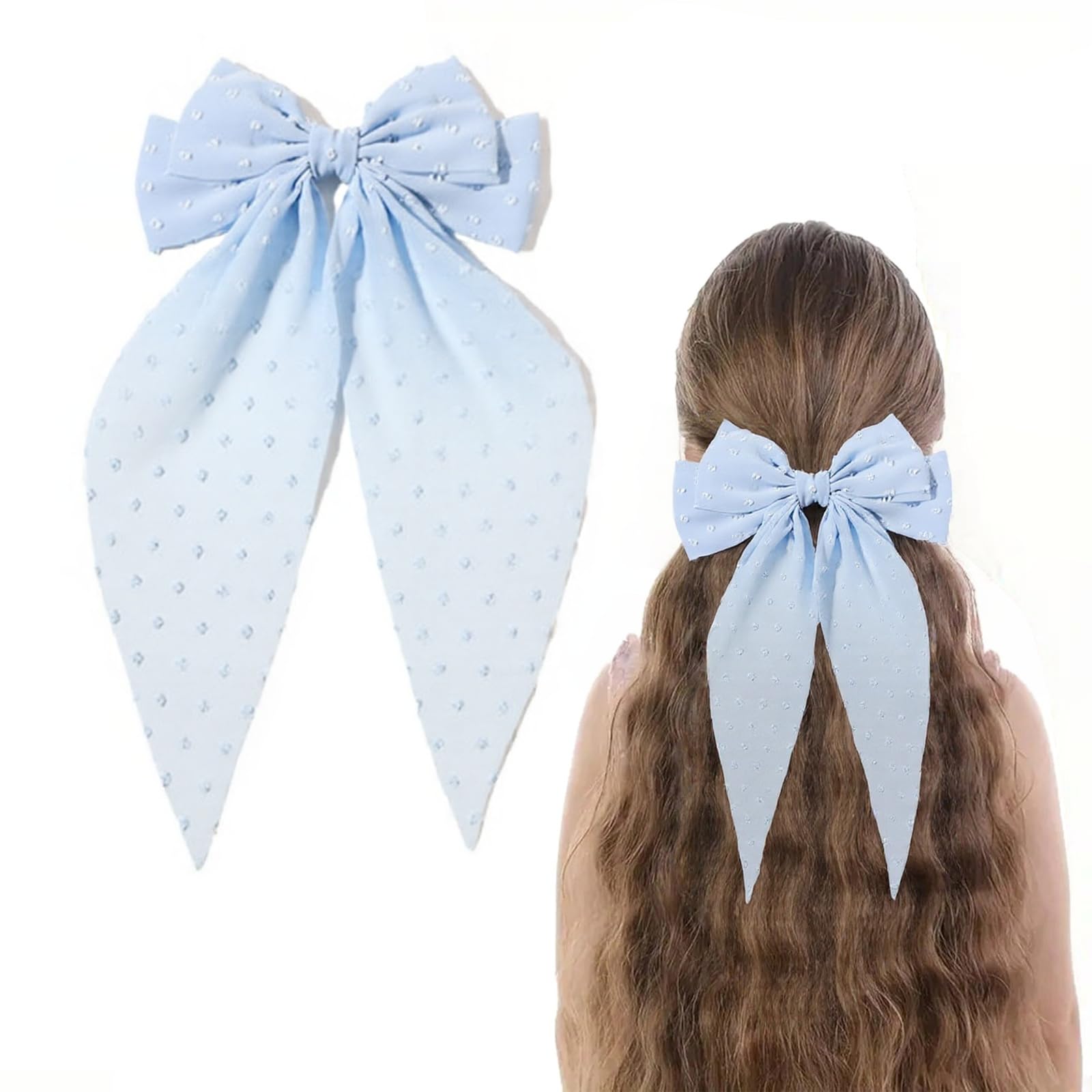 Ling & Bai 8 Inches Large Hair Bow Clip Big Long Tulle Layered Bows Barrettes Hair Accessories for Women Girls Teens (Blue)