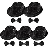 Elfcool 10 Pcs Unisex Sequin Fedora Hat Sequin Bow Ties Set Bling Retro Dance Jazz Cap Funky Party Costume Fedora