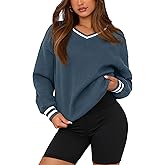 PRETTYGARDEN Women's Oversized Sweatshirts Casual Long Sleeve Stripes Knit V Neck Pullover Top Spring Preppy Clothes