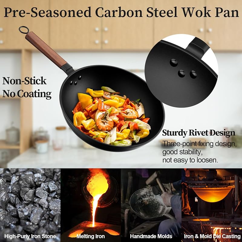 33cm/13inch Premium Wokpfanne mit Glasdeckel - Kohlenstoffstahl Wok ohne chemische Beschichtung, Ideal für Asiatische Küche, Induktionstauglich für Gasherd, Elektro- und Ceranfeld — Foto 7 von 7