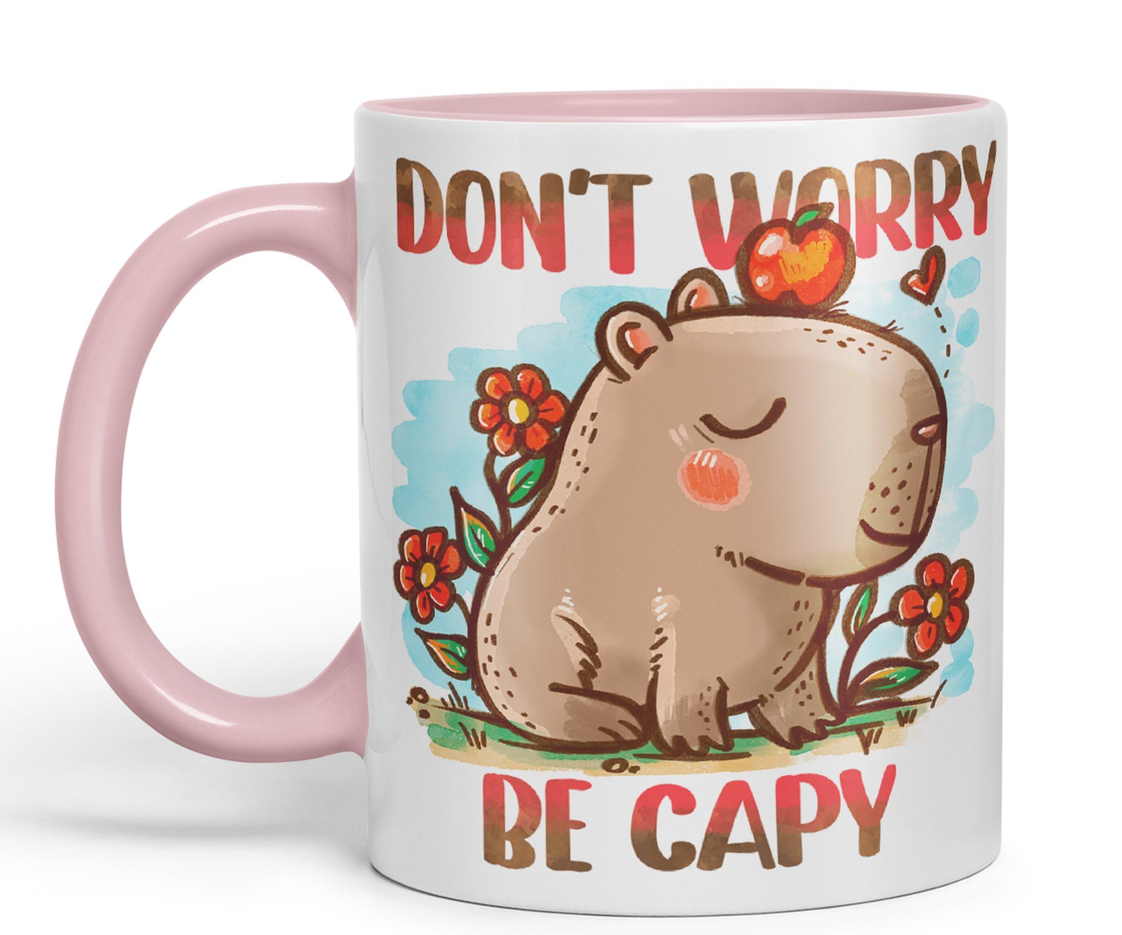 Vixar Capybara Don't Worry Be Capy Kawaii Joke Coloured Ceramic Mug Cup Gift 330ml 11oz Work Office Tea Coffee (Pink)