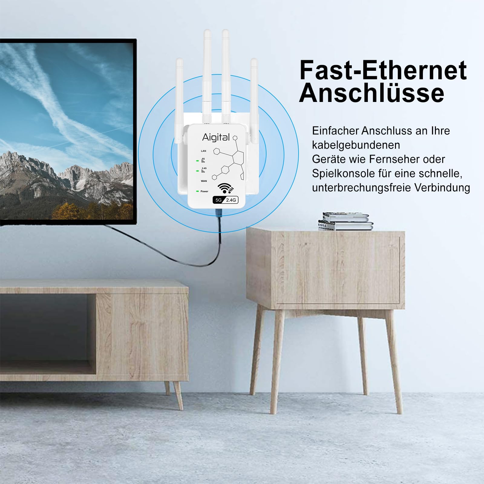 WLAN Verstärker Repeater AC1200 (867 Mbit/s 5GHz, 300 Mbit/s 2,4GHz) Abdeckung bis zu 200 m², Ethernet-Port, AP-Modus, einfache Installation, kompatibel zu Allen WLAN Geräten 6