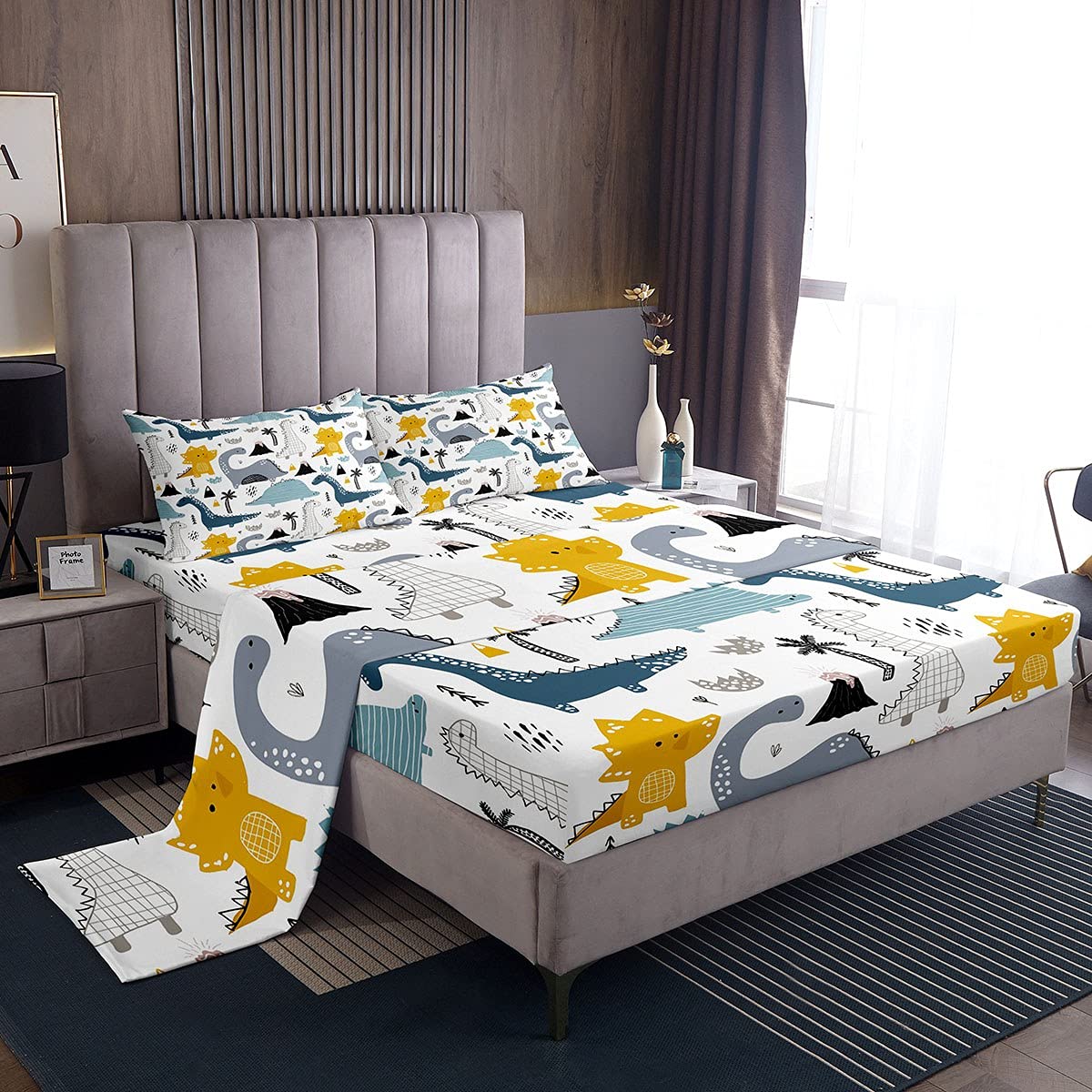 Loussiesd Dinosaur Bed Sheets Set Cartoon Dinosaur Bedding Set Children Animals Fitted Sheets Cartoon Cute Dino 3Pcs Sheets Includes 1 Sheet & 1 Flat Sheet with 1 Pillowcase Soft Single