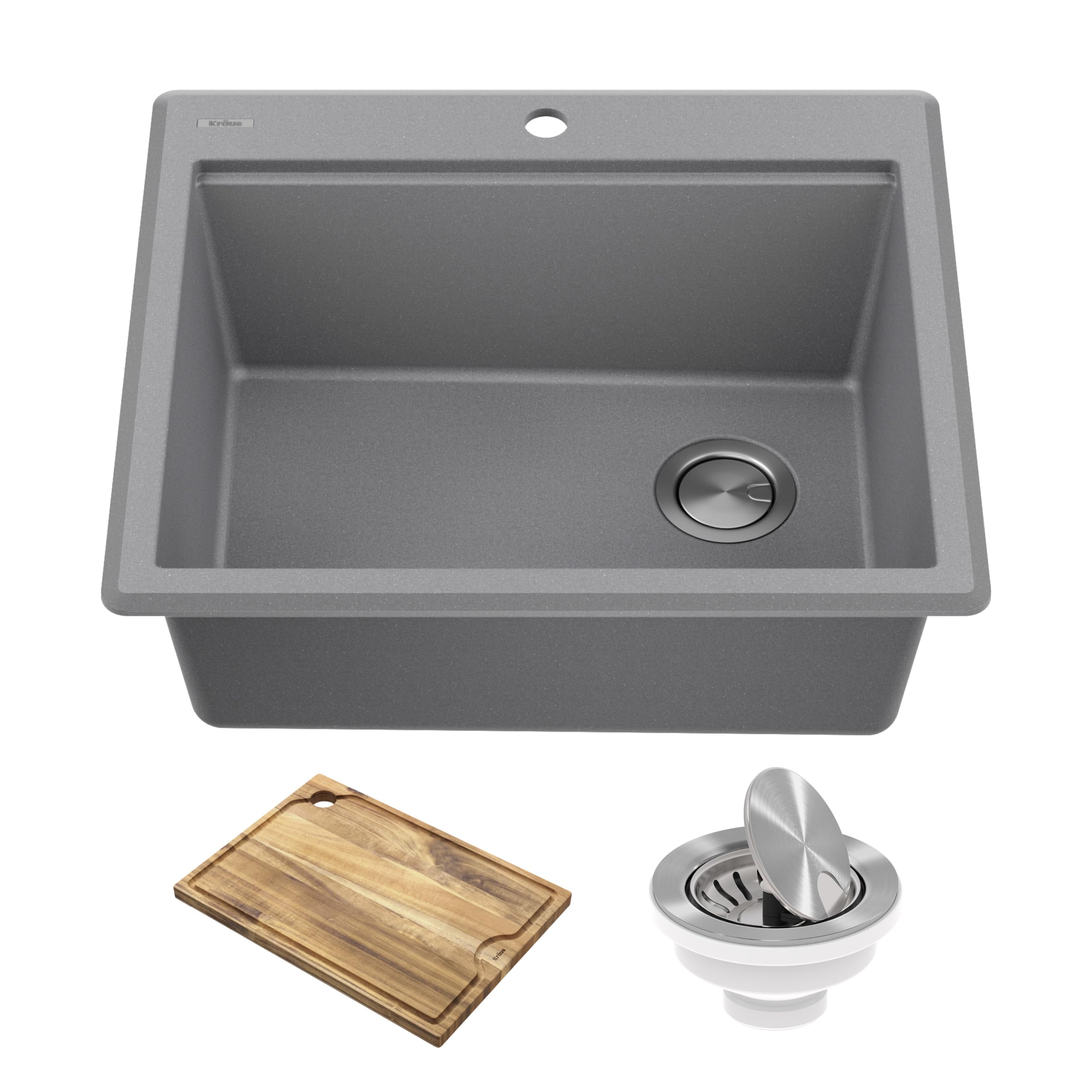 Photo 1 of KRAUS Bellucci 25-inch Granite Workstation Drop In Top Mount Single Bowl Kitchen Sink in Metallic Grey with Accessories, KGTW12-25MGR