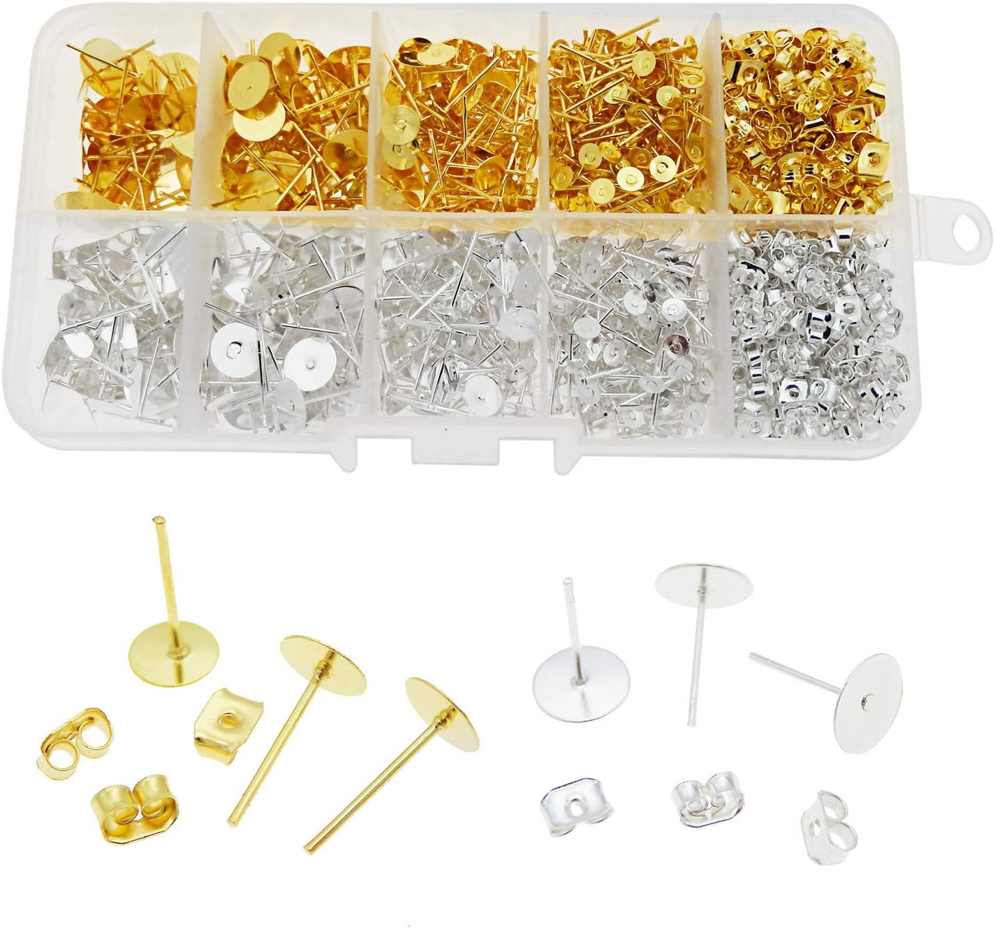 JJG 1 Box DIY 400 Pairs Stud Earrings Making Kit Earrings Posts Flat Pad (4mm+6mm+8mm+10mm) with 200 Pairs Earring Backs for Earring Making Findings(Silver+Gold)
