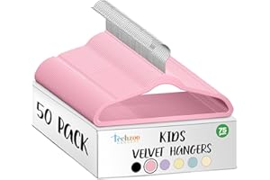 TechZoo 50 Premium Kids Velvet Hangers - 14" Non-Slip Clothes Hangers for Kids & Preteens - Ultra Slim, Space-Saving, Strong & Durable Hangers with 360° Swivel Hook - Pink