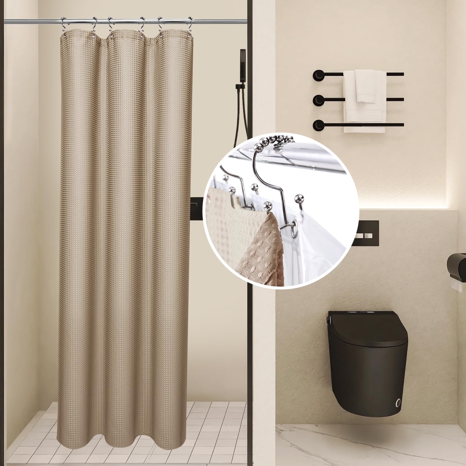 LaCyan 3 in 1 Waterproof Waffle Weave Shower Curtain and Clear Liner Set with 6 Stainless Steel Hooks Double Sided for Bathroom 72 Inches Heavy Duty Polyester Fabric Shower Curtains 36x72 Image