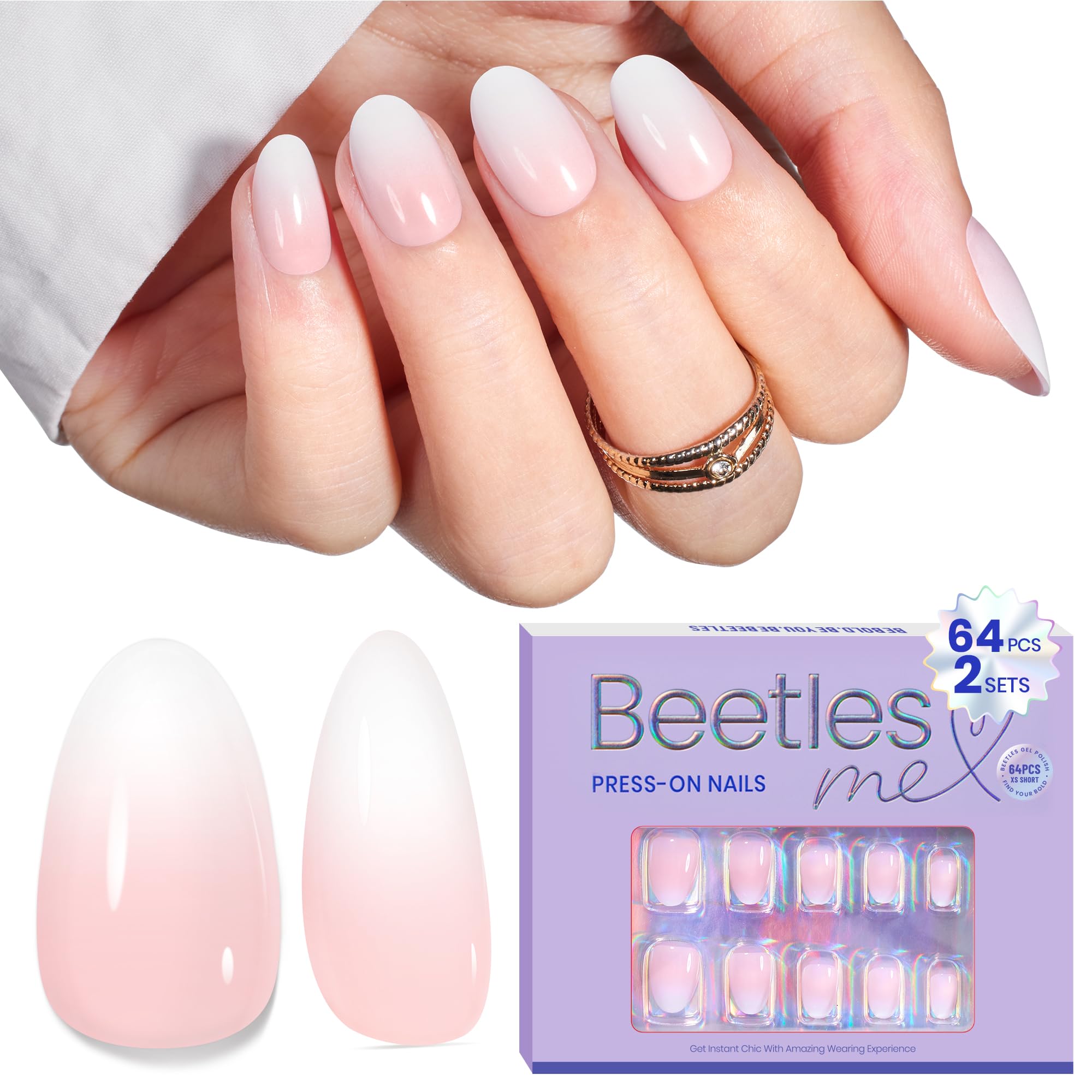 Beetles Almond Press On Nail,64 psc Pink Ombre Press On Nails 16 Sizes XS Short Almond Pink Ombre Fake Nails 2 Set Press On Nails with Nail Glue & Double-Sided Adhesives Nails Press Ons for Women
