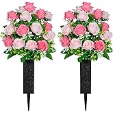 Kukooka Artificial Cemetery Flowers, Set of 2 Grave Memorial Flowers with Vase, Artificial Rose Bouquet for Cemetery Headstones Gravesites Decoration (Pink)