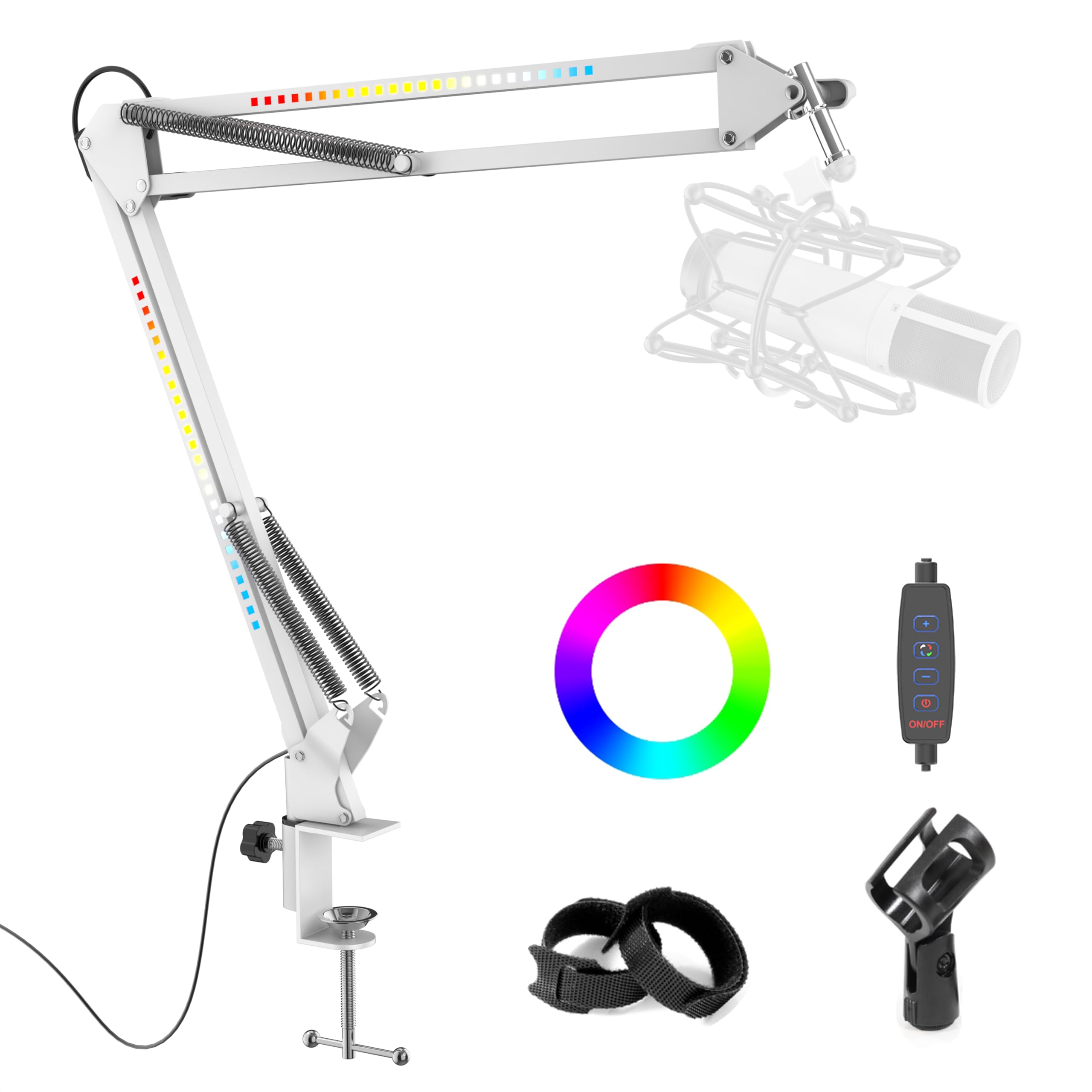SIMPLURFI RGB Boom Arm, Adjustable Mic Stand with Desk Mount Clamp and Mic Clip, Compatible with HyperX Quadcast, Blue Yeti, Rode, Shure SM78 for Streaming, Gaming, Youtube Recording (White)