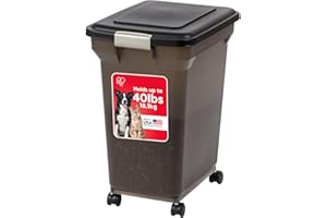 IRIS USA Airtight Dog Food Storage Container, WeatherPro, Up to 40 lbs, Removable Wheels, for Dog Cat Bird and Other Pet Food Storage Bin, Keep Fresh, Translucent Body, Made in USA, Smoke/Black