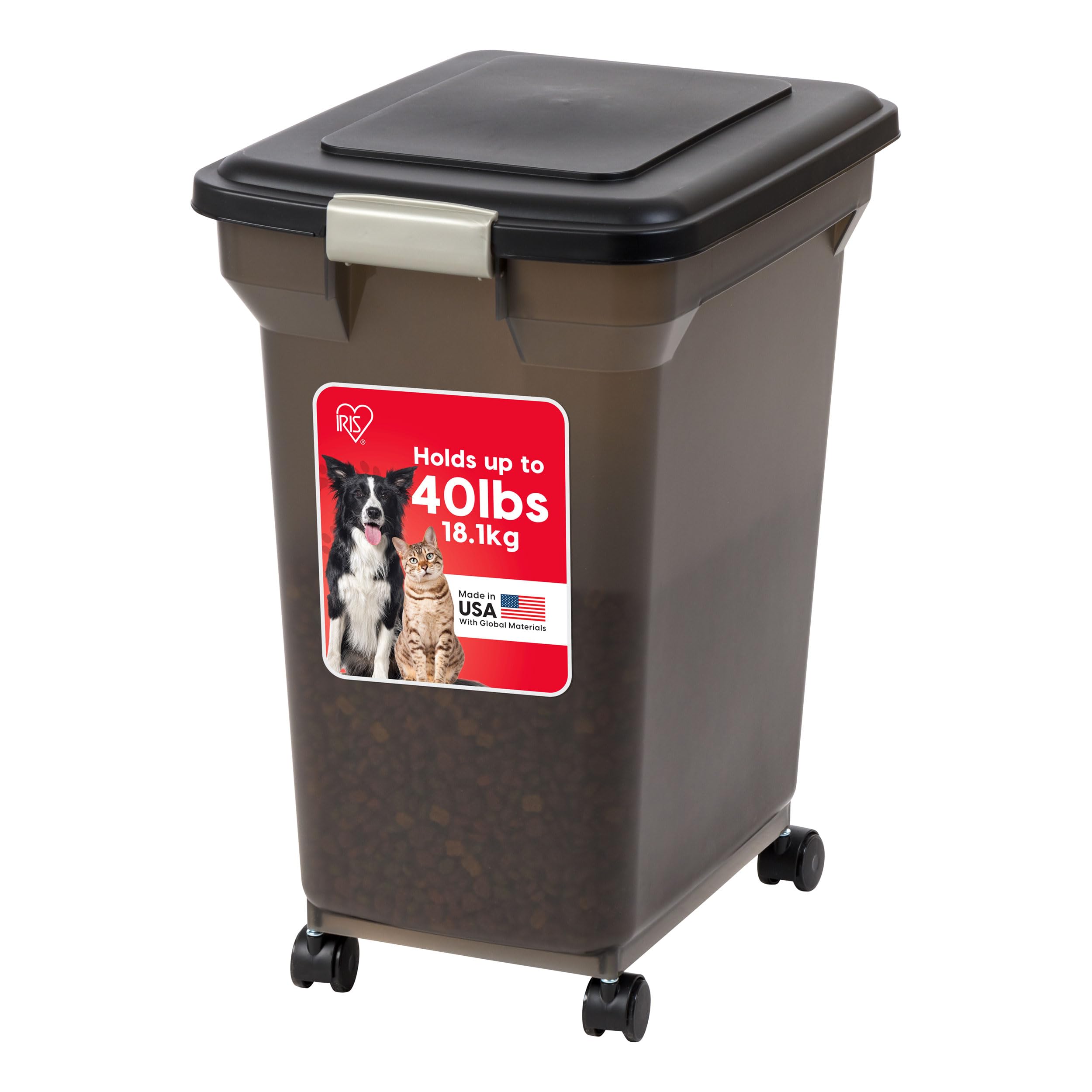 Photo 1 of **MISSING LIGHT GRAY  LID CLASP*** IRIS USA Airtight Dog Food Storage Container, WeatherPro, Up to 40 lbs, Removable Wheels, for Dog Cat Bird and Other Pet Food Storage Bin, Keep Fresh, Translucent Body, Made in USA, Smoke/Black