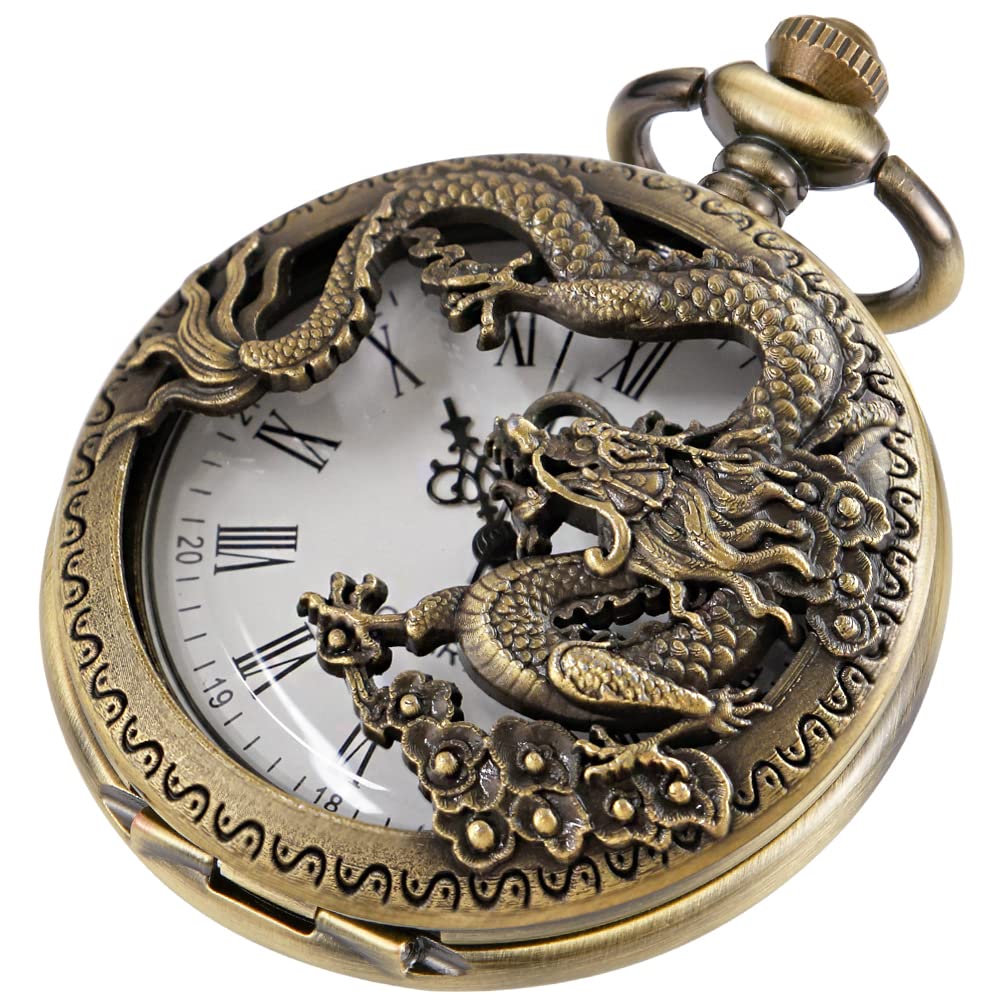 Alwesam Dragon Design Quartz Pocket Watch Roman Numerals with Chain Birthdays Gifts for Father's Days
