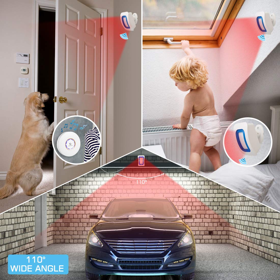 Motion Sensor Detect Alert, Wireless Home Security Driveway Alarm, Weatherproof Alert System Kits with 52 Chimes/4 Level Volumes/LED Flash (3 PIR Motion Sensor Detectors + 2 Plug-in Receivers)