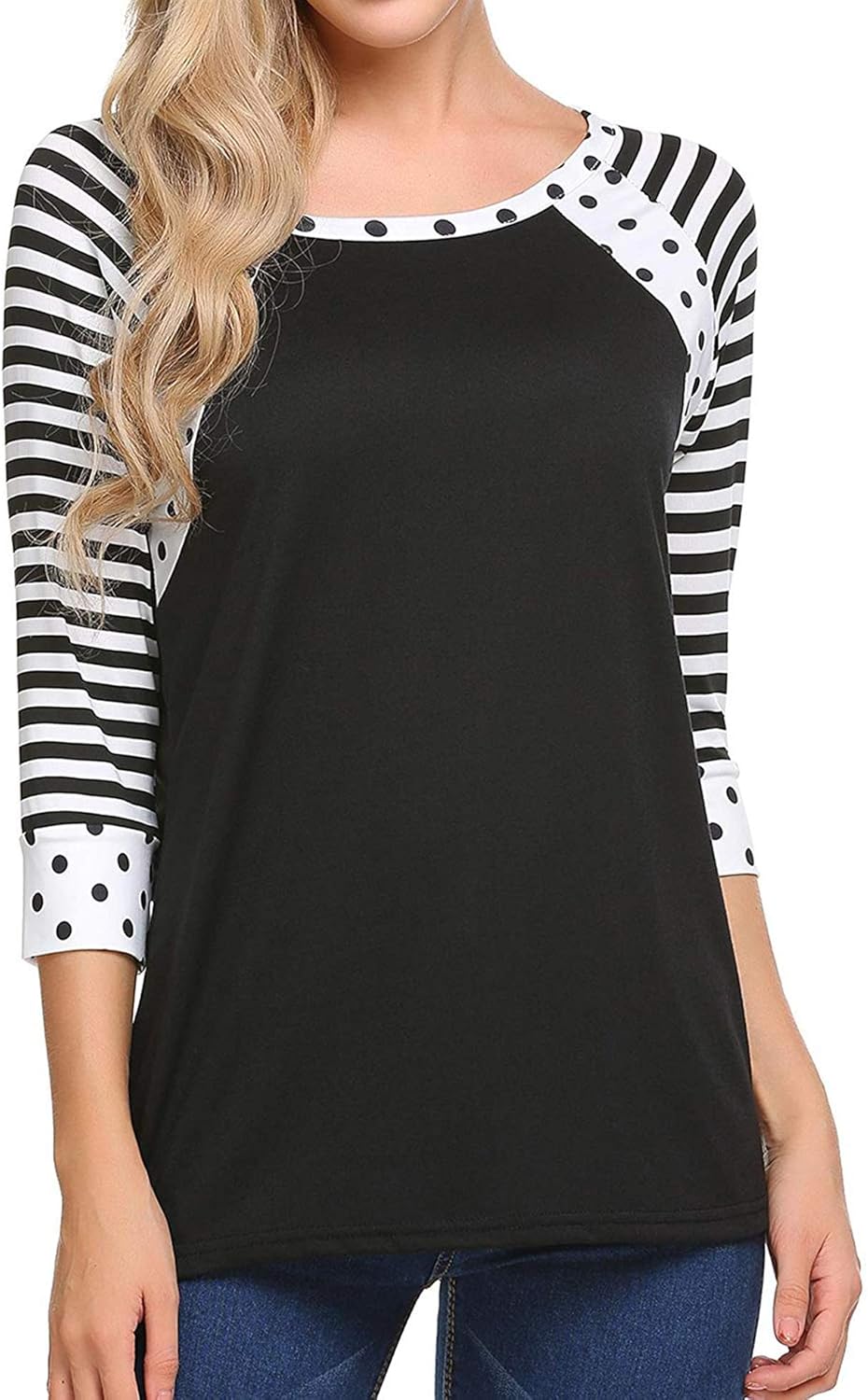 Zeagoo Women's Polka Dots Shirt Striped 3/4 Sleeve Casual Scoop Neck Tops Tee S-XXXL: Clothing