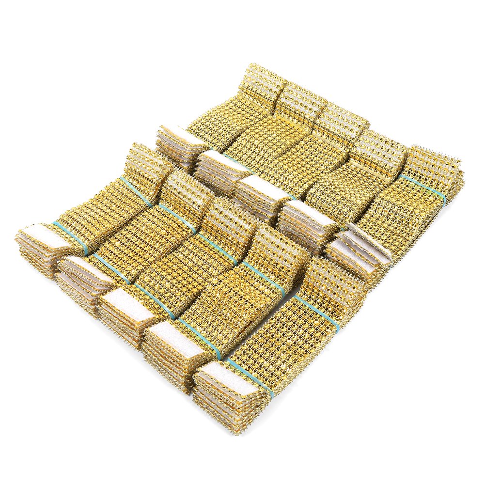 100Pcs Gold Napkin Rings Shiny Chair Sash Bows Holder 8 Rows Rhinestone Mesh Wrap Ribbon for Baby Shower Birthday Christmas Anniversary DIY Home Party Banquet Table Decor Supply