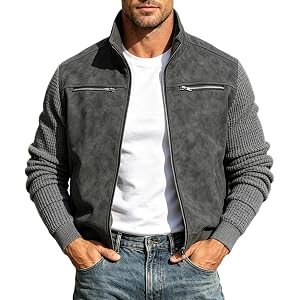 Mens Patchwork Textured Suede Jacket Casual Vintage Bomber Jacket | Faux leather or suede fabric, zip or button front, classi