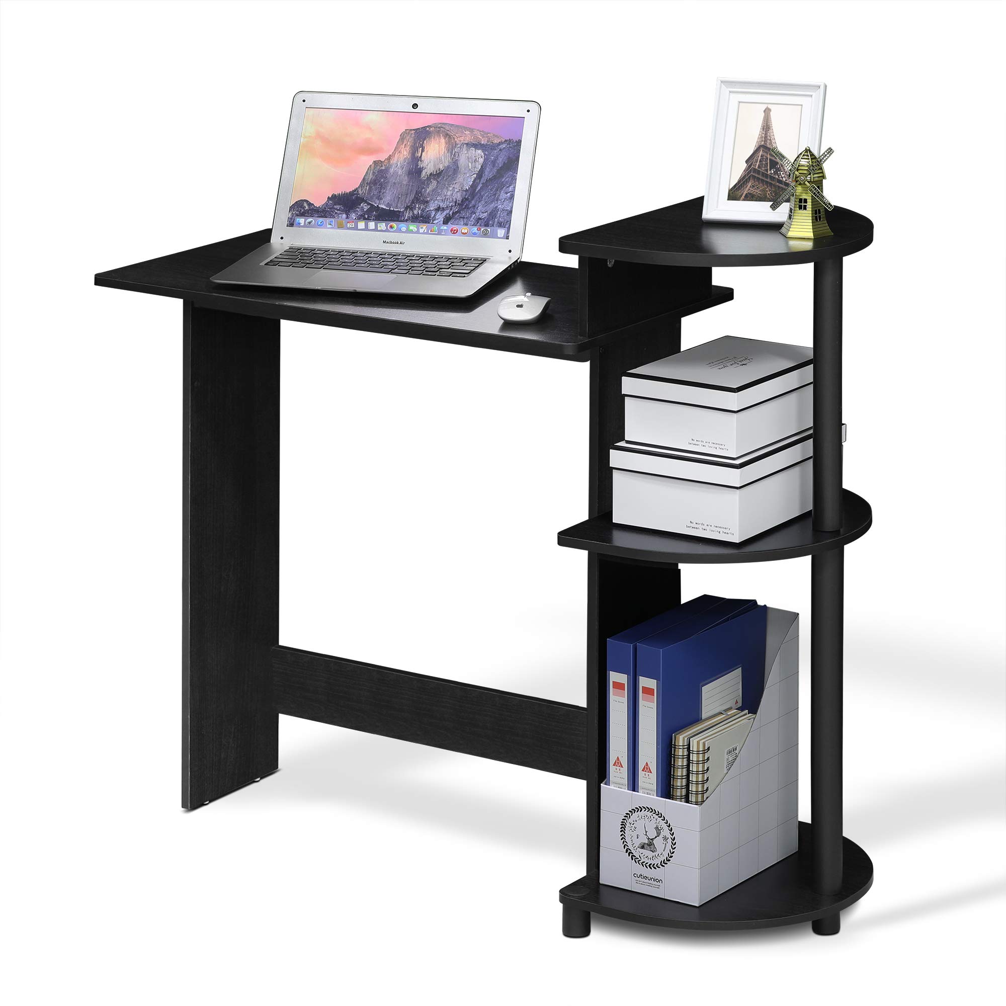 Furinno Compact Computer Desk, Study Desk with Shelves, Americano/Black, 99 (W) x 85.3 (H) x 39.4 (D) cm