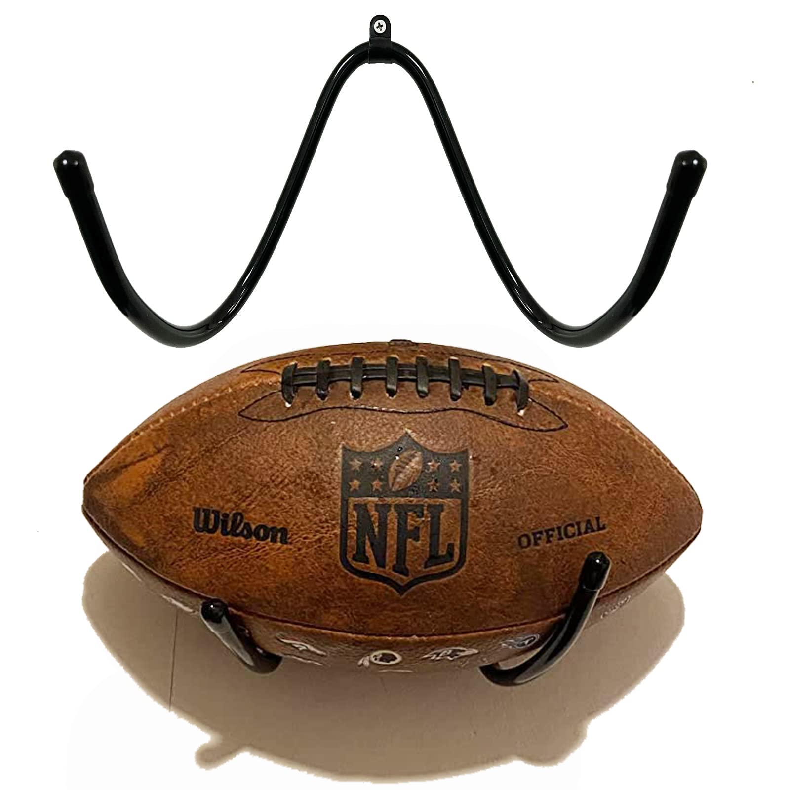 Football Wall Mount Holder Football Ball Display Storage Rack - Sturdy and Flexible, for all football sizes.Perfect to display a commemorative football and not have large obstructive shelf on wall!