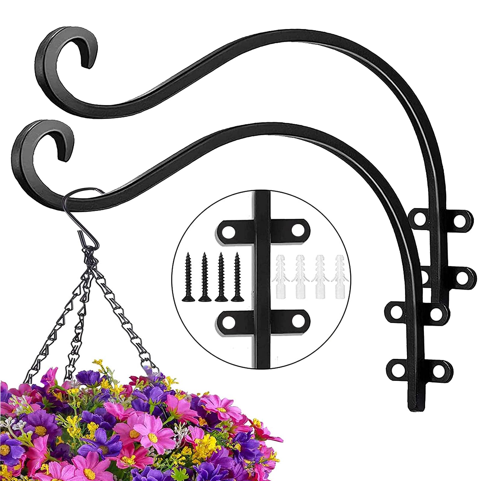 Evadow 2 Pack 16Inch Heavy Duty Outdoor Wall Hanging Basket Brackets, Black Metal Plant Hanger Hooks Garden Hanging Flower Basket Bracket for Planter Flower Hanger Bird Feeder Fence