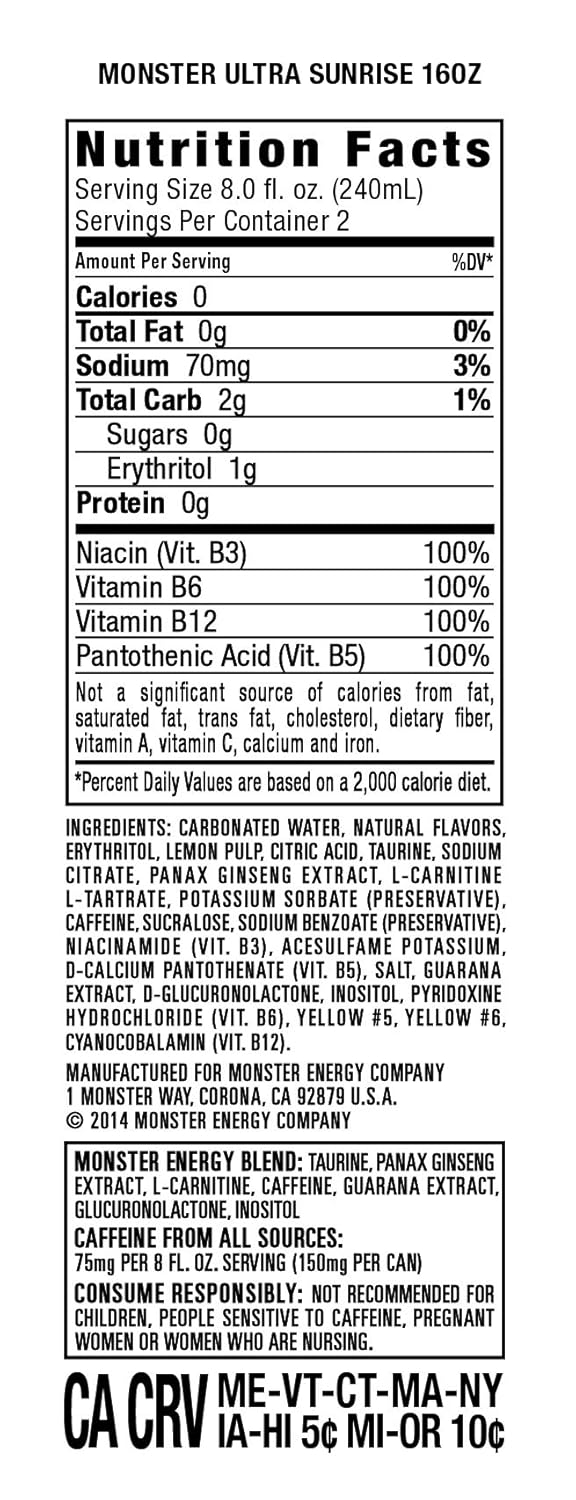 Monster Energy Drink Nutrition Facts Label