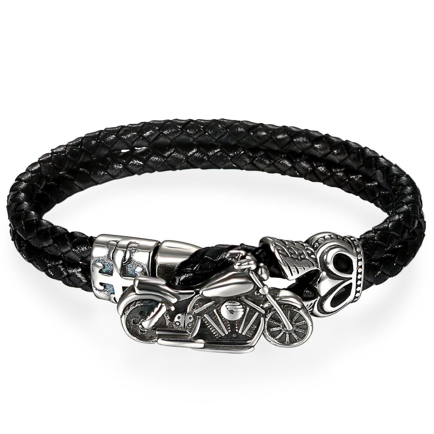 JewelryWe 7" Men's 316L Motorcycle Biker Black Leather Strap Bracelet