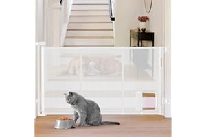 SAIR PET Reinforced 60” Wide Retractable Pet Gate with Cat Door Mesh Baby Gate for Stairs with Reinforced Strips Retractable Dog Gates with Cat Door Mesh Dog Gates for Doorways Separating Dogs from Cats, White