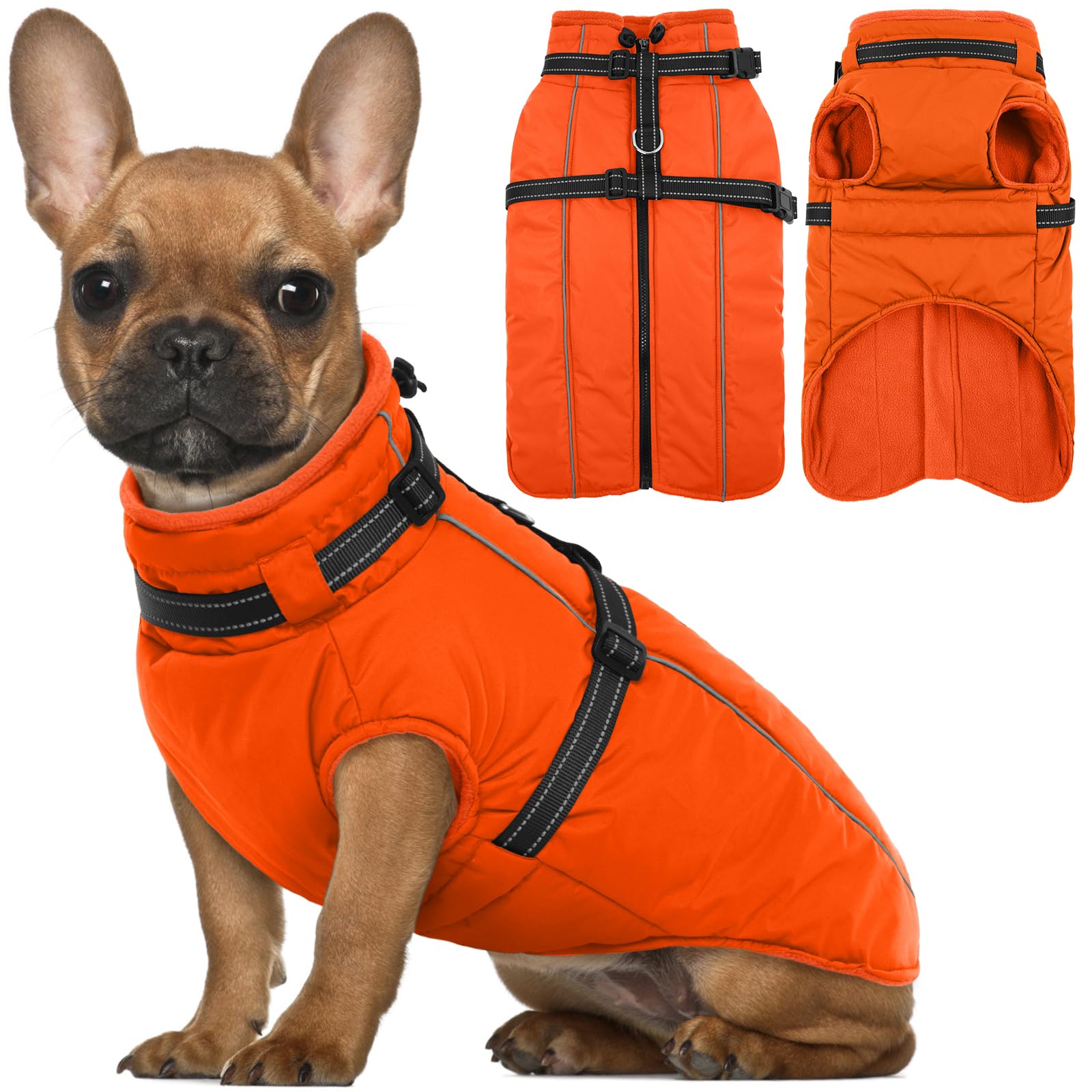 Lelepet Medium Dog Coat With Harness - Warm Waterproof Fleece Jacket, Winter Reflective Vest Snow Suit for Schnauzer, Pug - Orange M