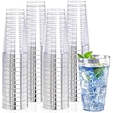 I00000 16 oz Silver Plastic Cups, 50 Pack Clear Plastic Cups,Silver Rimmed Disposable Cup, Heavy-duty Disposable Tumblers Perfect for Party, Holiday, Wedding & Birthday
