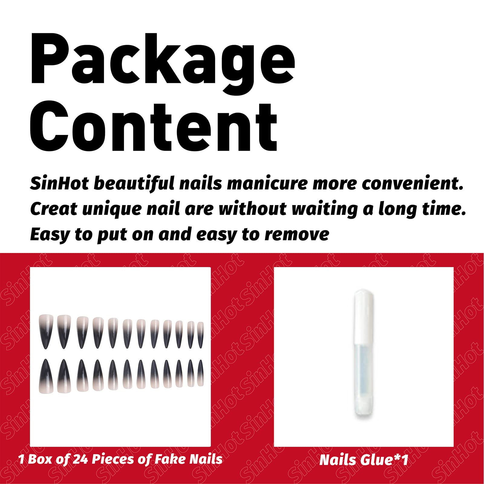 SINHOT Stiletto Press on Nails Extra Long Fake Nails with Glue Glossy False Nails with Black Gradient Designs Full Cover Almond Acrylic Nails 24pcs - Image 5