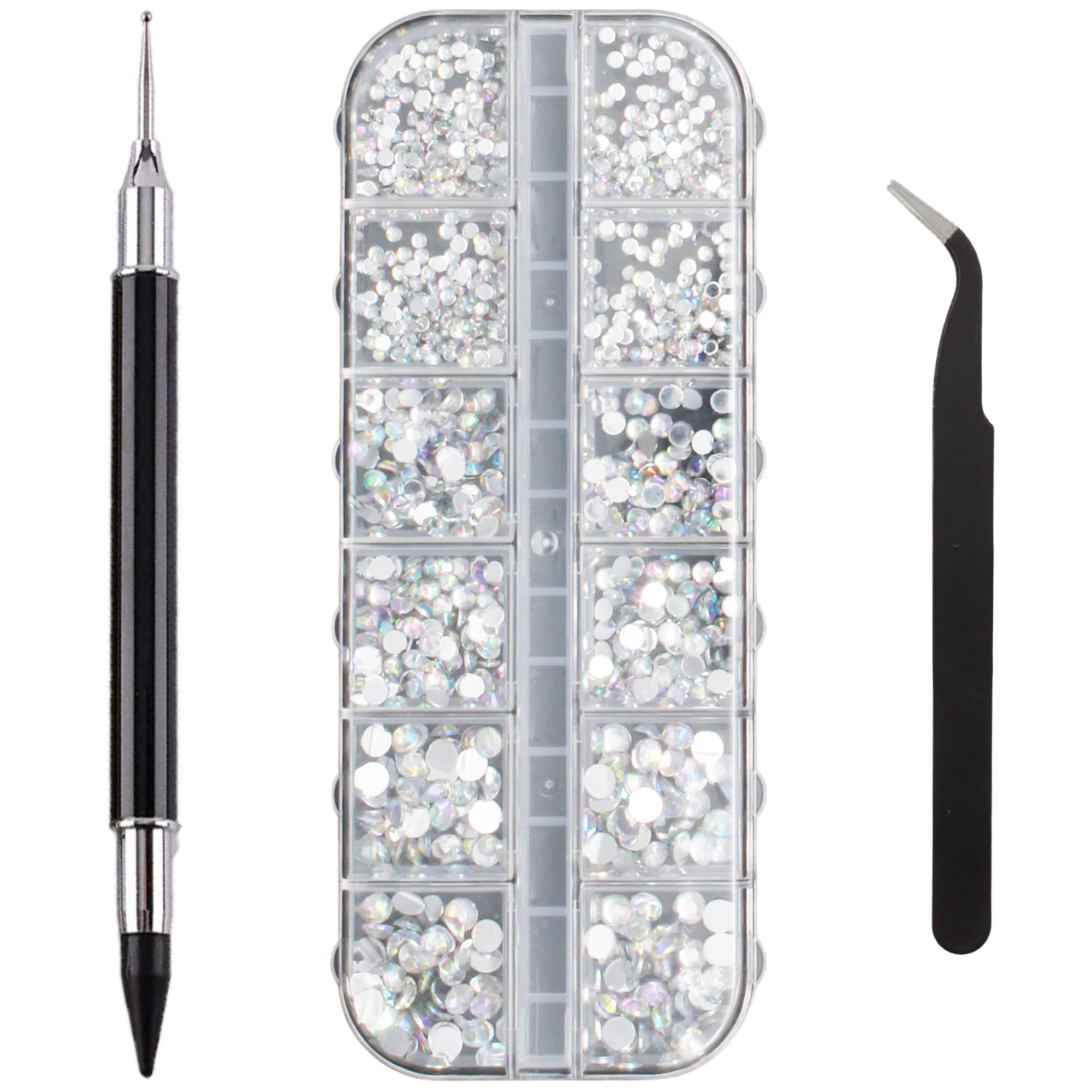 Rhinestones Nail Gems for Nail Art, Flat Back Gems Nail Rhinestones for Nails 1500 Nail Decorations for Nail Art with Tweezers and Picker Pen