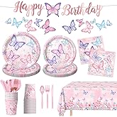 178 PCS Butterfly Birthday Party Supplies Disposable Paper Plates, Napkins, Cups, Cutlery, Tablecloth, Banner, and Hanging Swirl for Butterfly Birthday Decorations, Serves 25