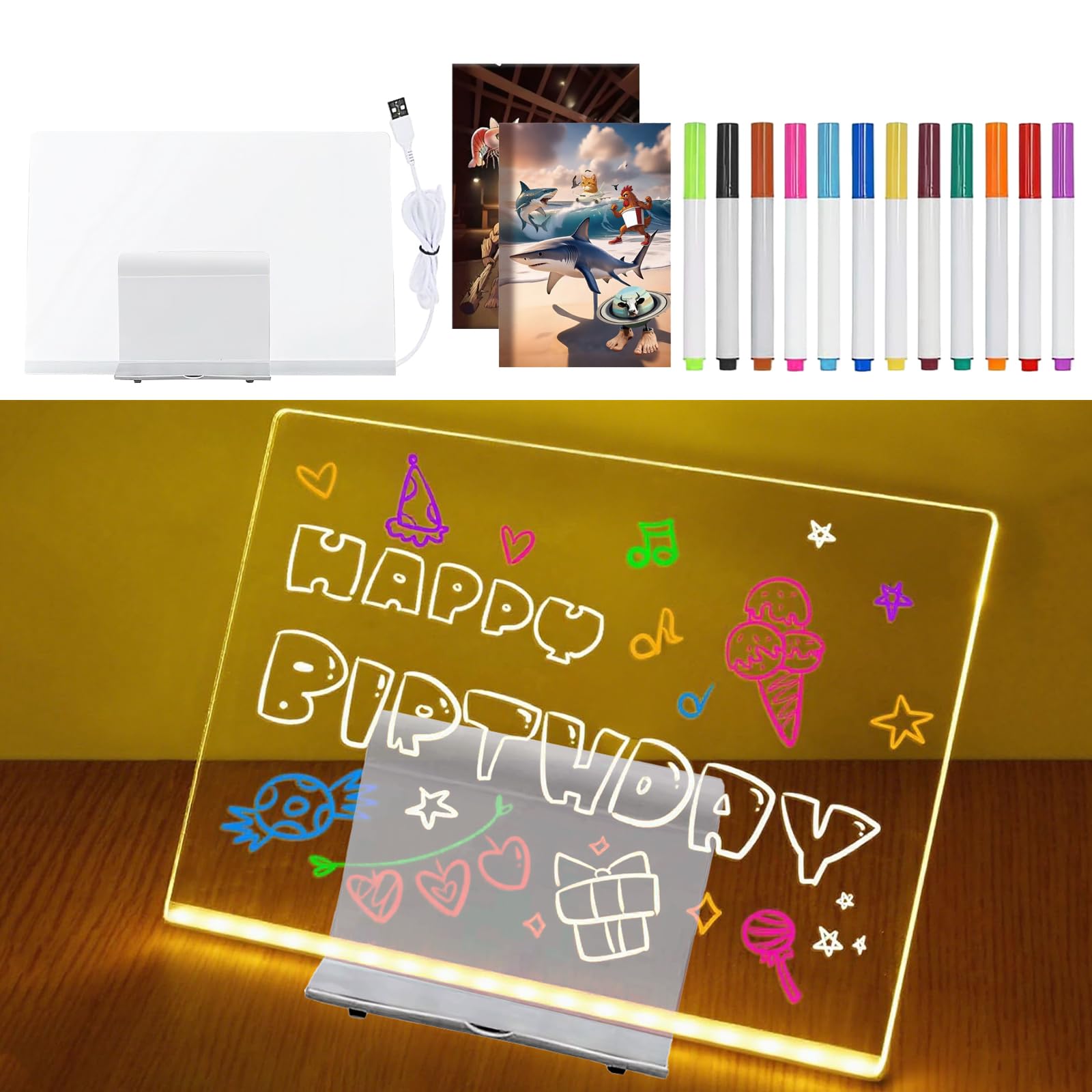 LED Drawing Board with 12 Colors Pen, 30x20cm Crylic Light up Drawing Board Kids with Stand, Erasable Cloth and Tracing Book for Kids School Home Cafe Office