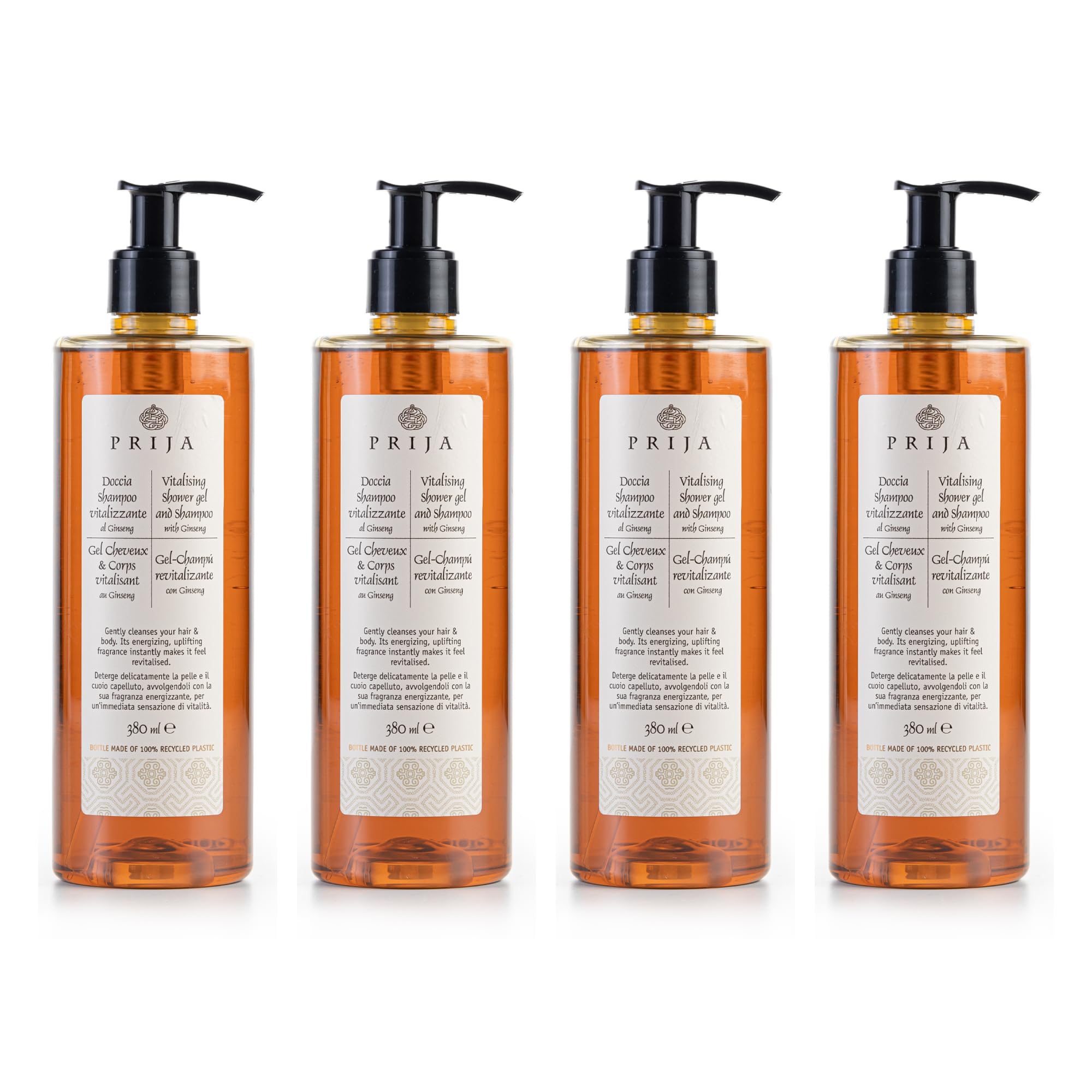 Prija Vitalising Shower Gel and Shampoo with Ginseng Extract - 4 x 380 ml - Hydrating and Energising Body and Hair Wash Gel with Pump Dispenser