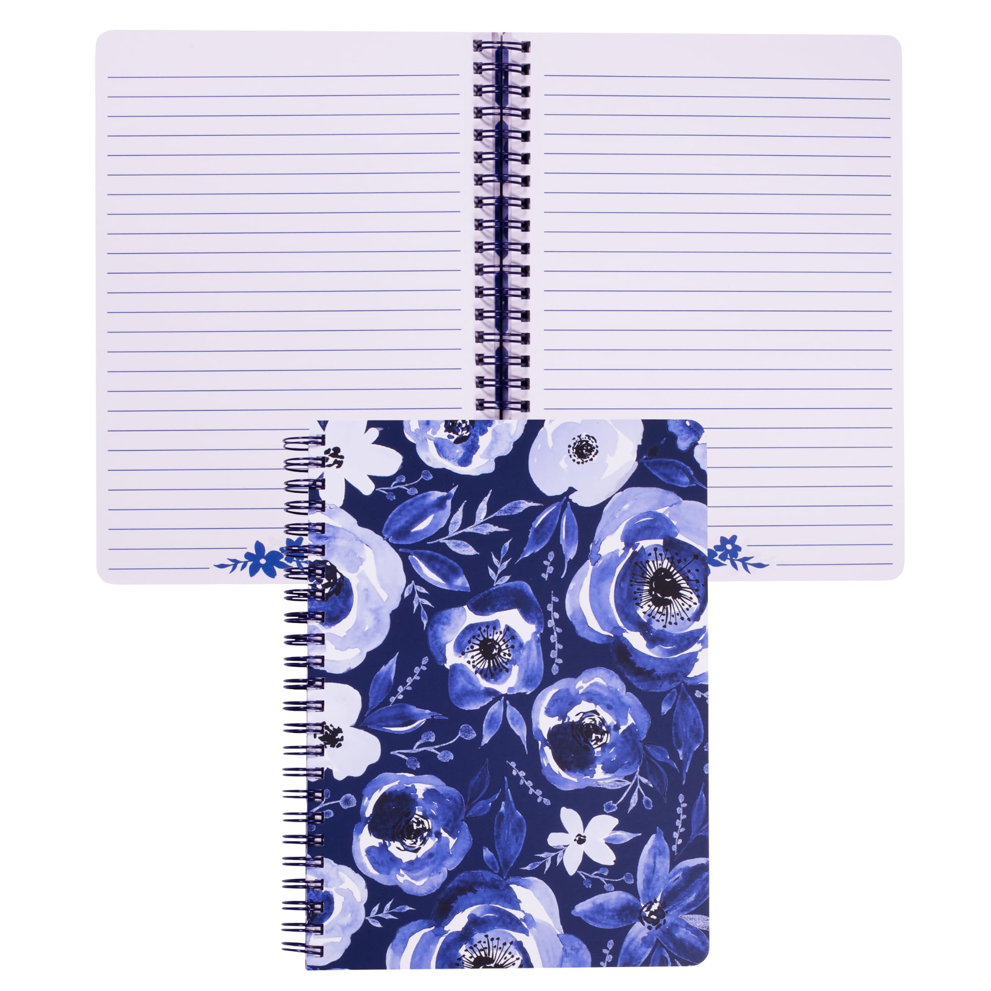 Steel Mill & Co Cute Floral Mini Spiral Notebook, 8.25" x 6.25" Journal with Durable Hardcover and 160 Lined Pages, Blue Watercolor